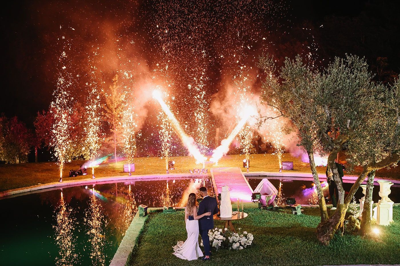 Spectacular wedding party with fireworks at luxury Italian venue